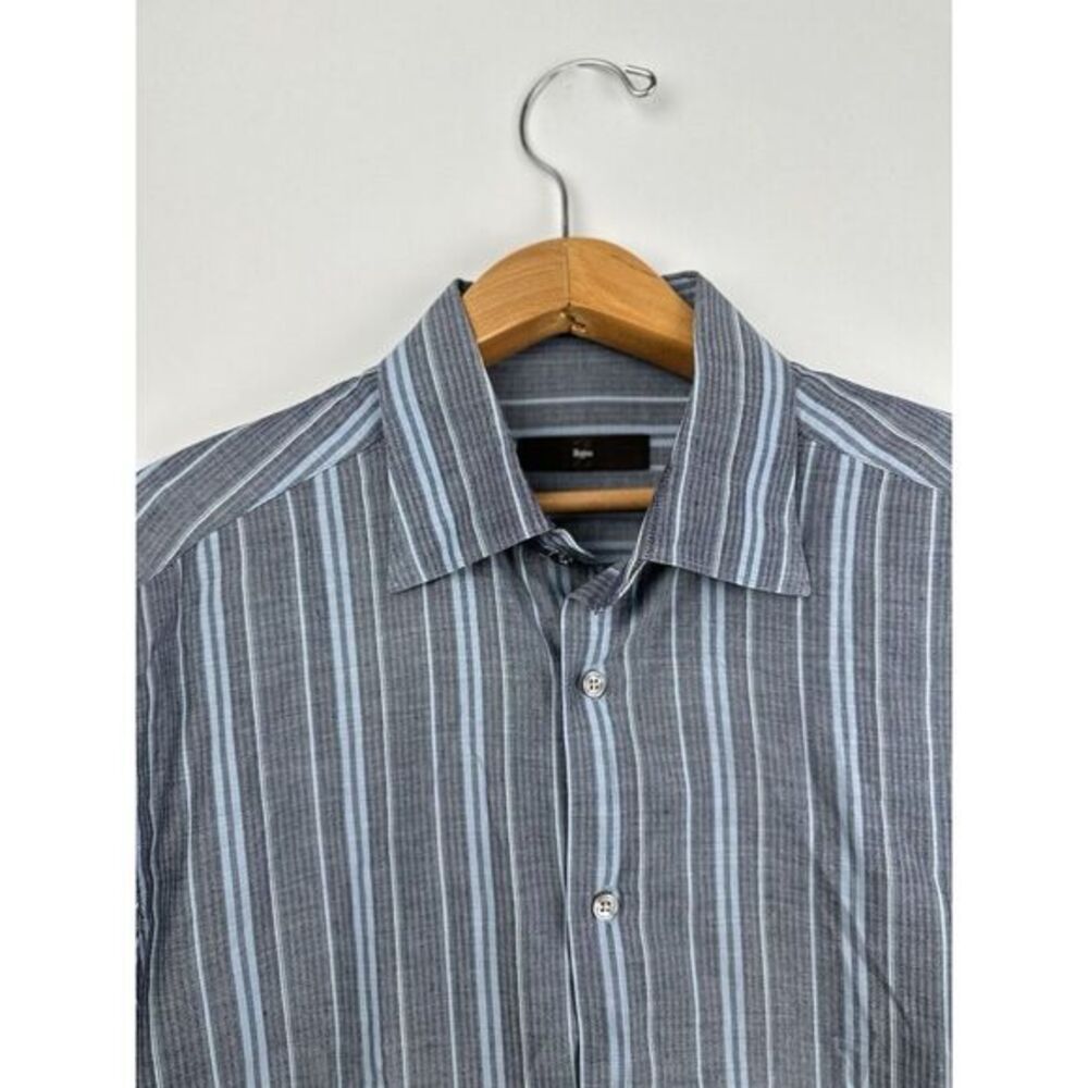 Z Zegna Linen Cotton Shirt Men's 41-16 Blue Gray Stripe Button Up‎ Short Sleeve